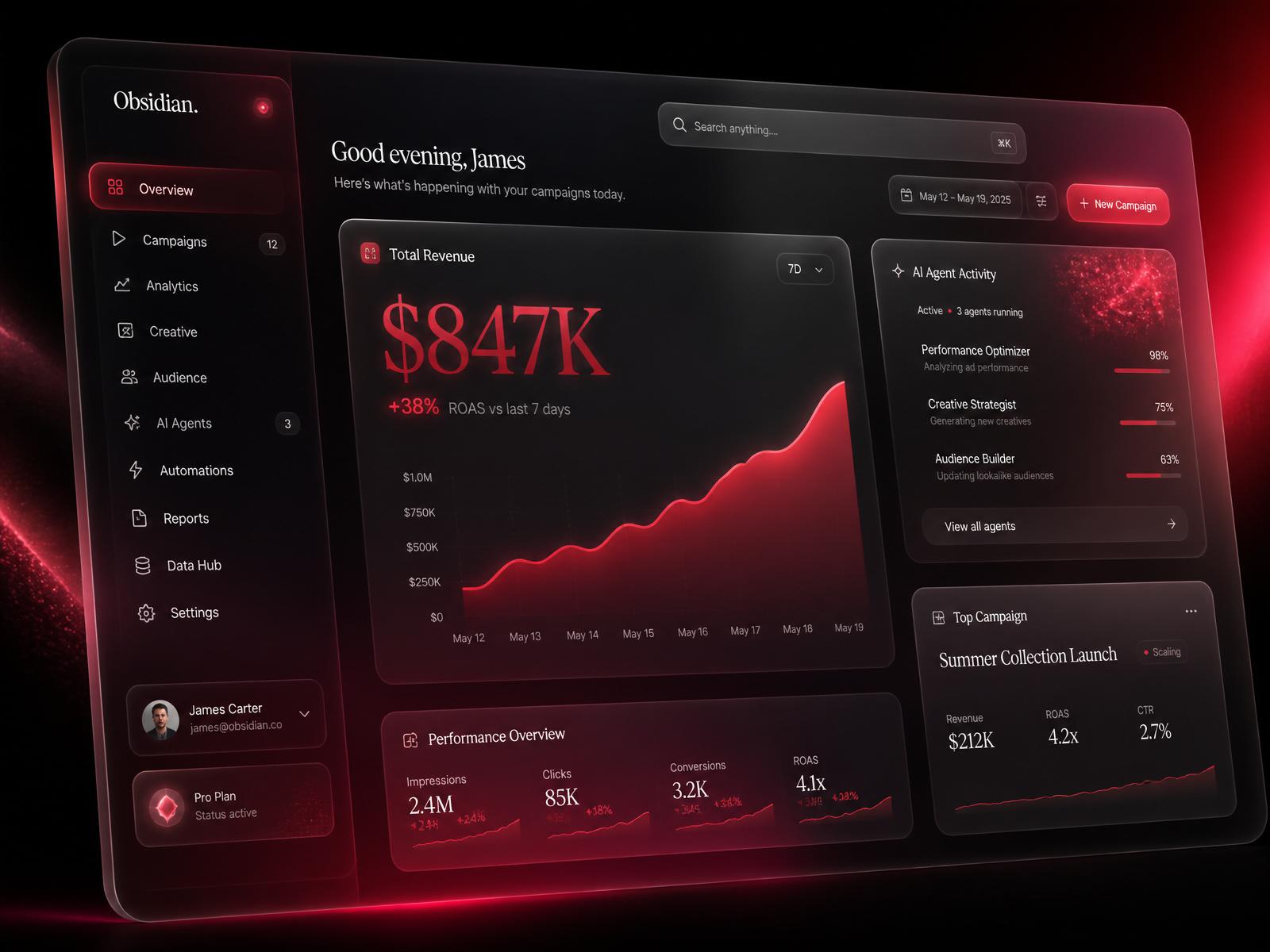 AdOS Command Center — live dashboard with revenue, ROAS and AI agent activity