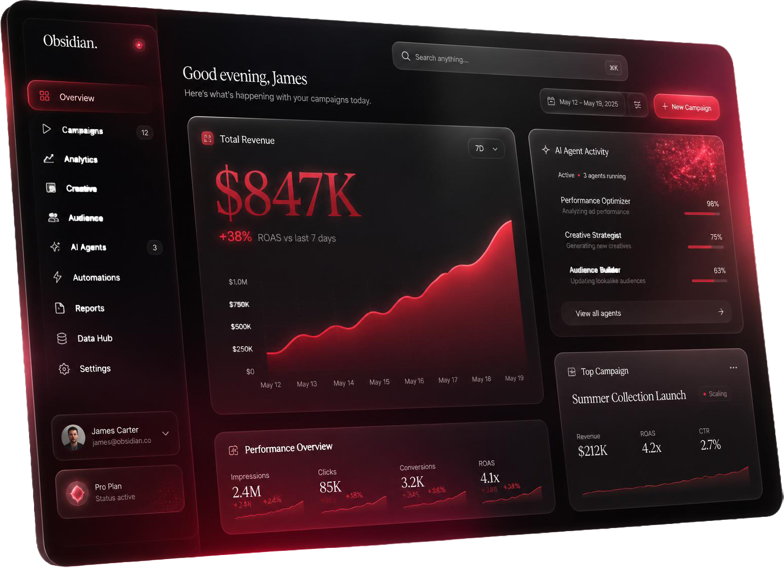 YieldFrame Command Center — live dashboard with revenue, ROAS and AI agent activity